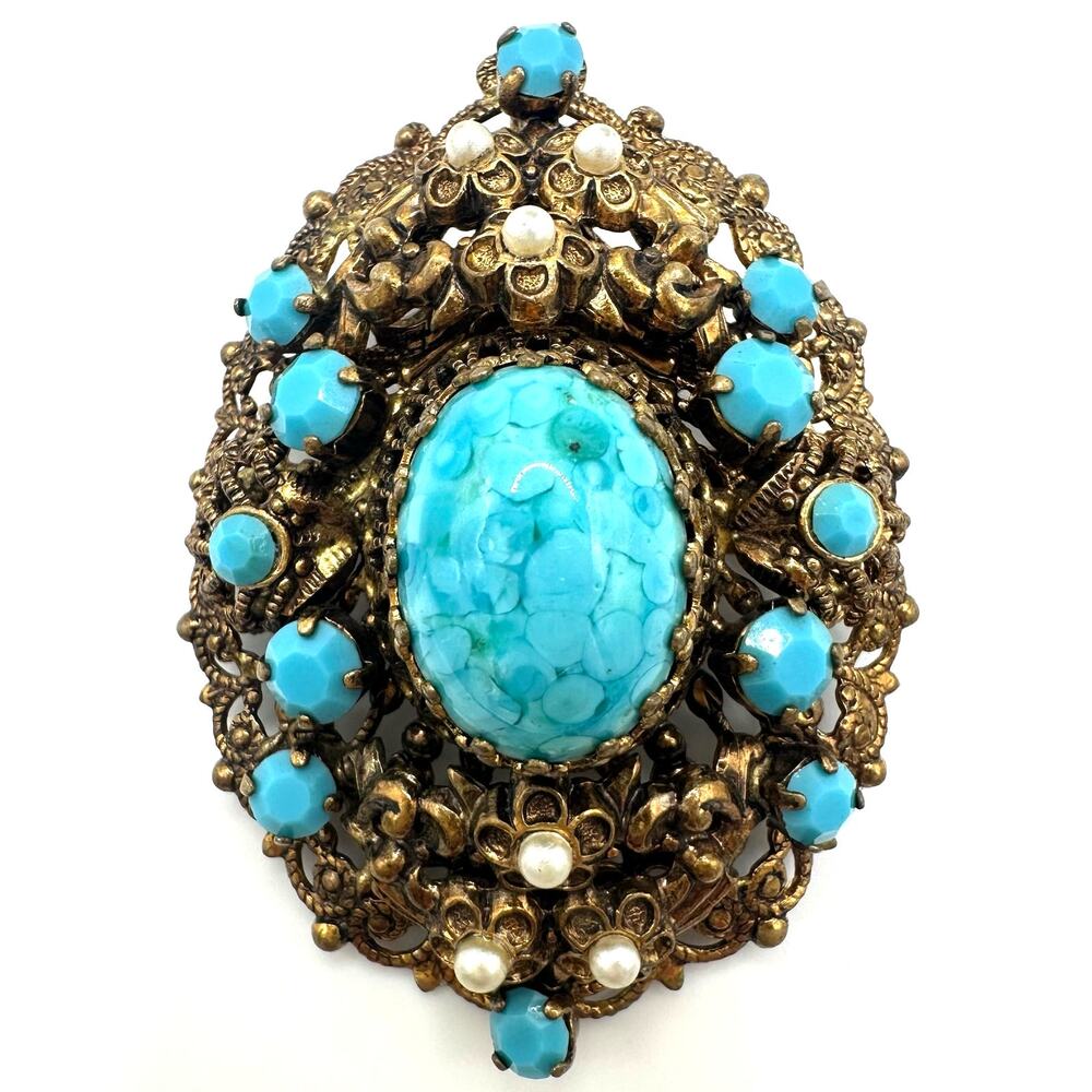 West Germany vintage gold tone turquoise art glass rhinestones brooch pendant